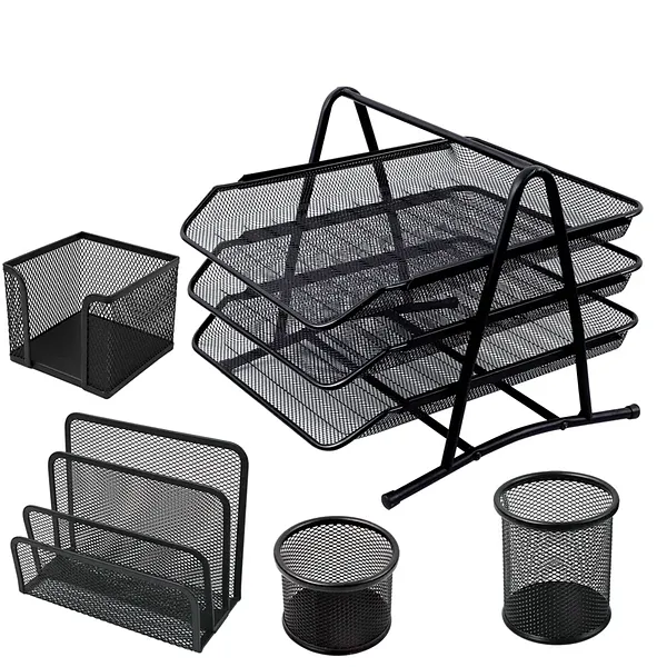 Set Organizador de Escritorio Foska de 5 Piezas en Malla Metálica, Negro